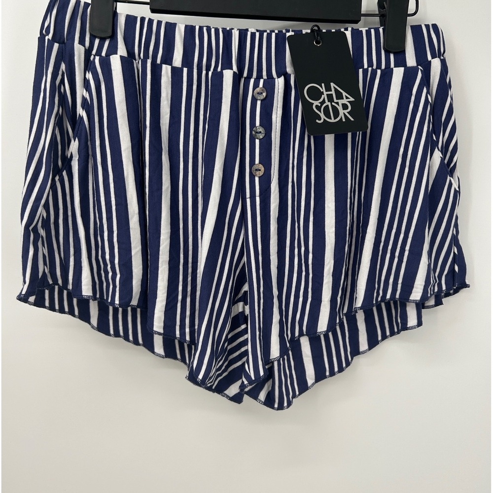 Chaser Womens Navy Blue White Striped Shorts Elastic Waist Size Medium NEW
